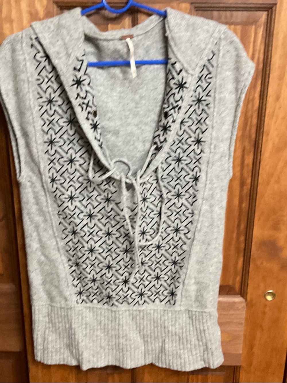 Free People Gray Knit Hooded V-Neck Sweater Vest with Black Pattern